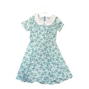 Unique Vintage Light Blue Daisy Fit & Flare Dress With Peter Pan Collar SZ M 6-8